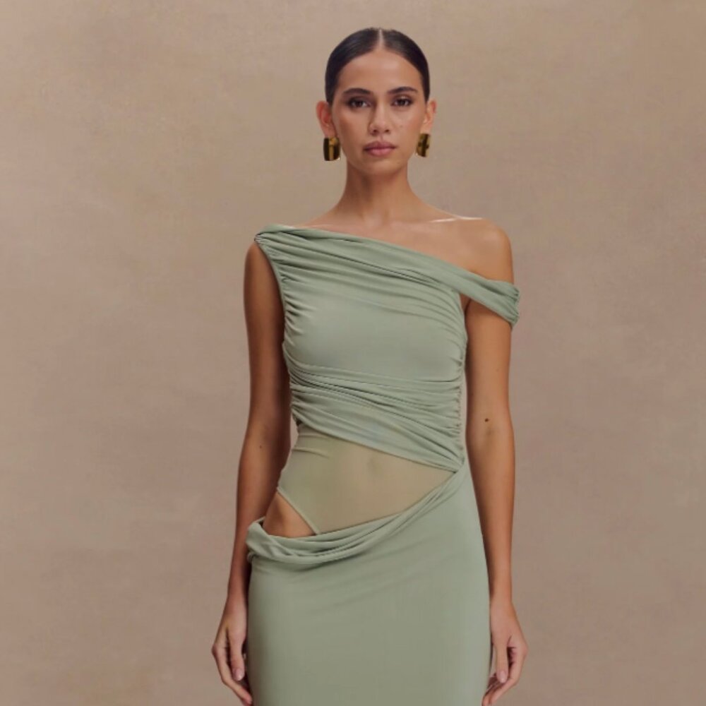Meshki One-Shoulder Sage Green Ruched Cutout Dress